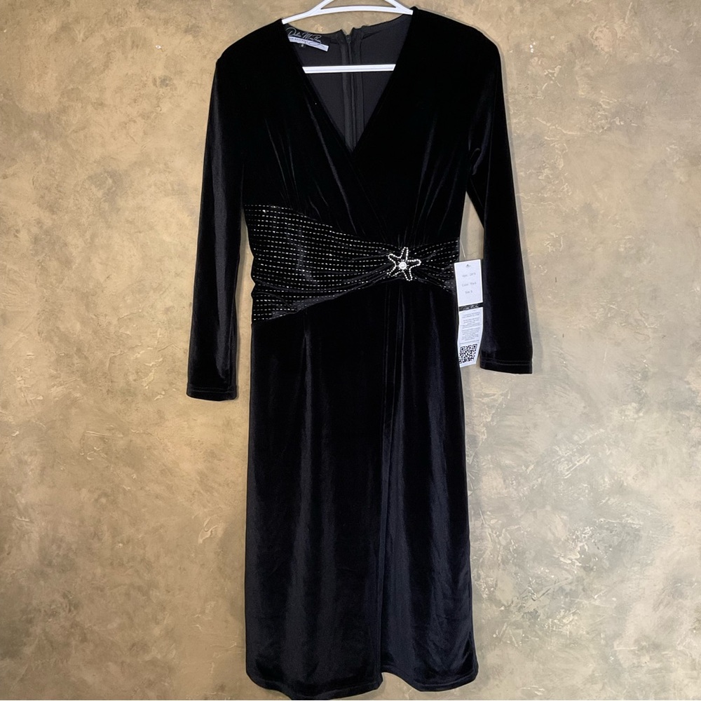 Dalia MacPhee Black Velvet Starfish Faux Wrap Evening Dress